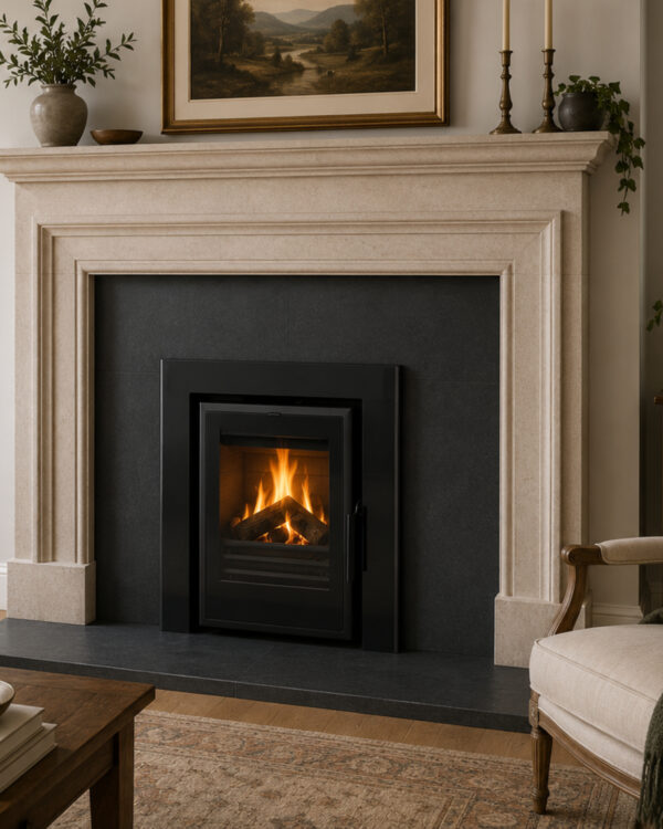 Mendip Dinder 40 Inset Wood/ Multi Fuel Stove, living room setting