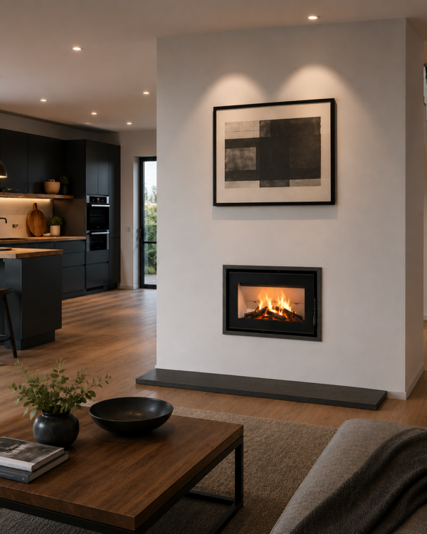 Mendip Dinder 70 Inset Wood Burning Stove, living room setting