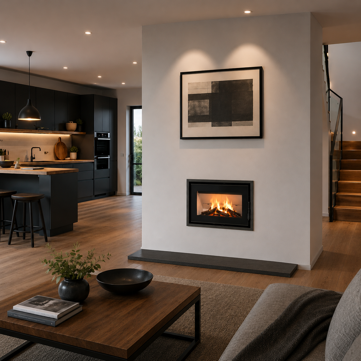 Mendip Dinder 70 Inset Wood Burning Stove, living room setting