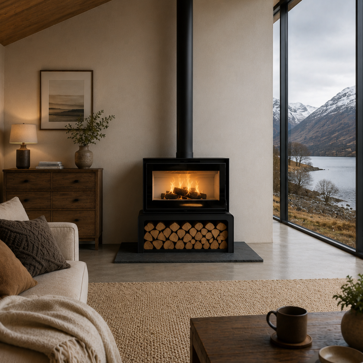 Mendip Dinder 80 Freestanding, Log store & Wall Hung Wood Burning Stove, living room setting