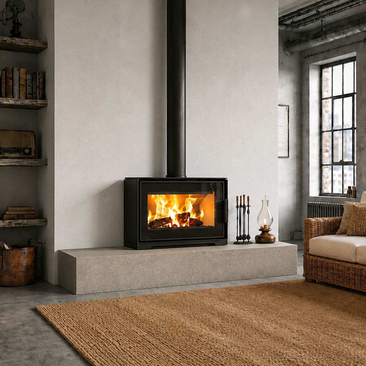 Mendip Dinder 80 Freestanding, Log store & Wall Hung Wood Burning Stove, living room setting