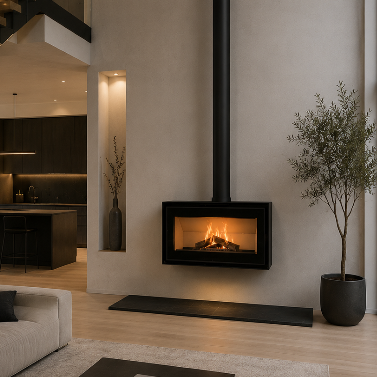 Mendip Dinder 80 Freestanding, Log store & Wall Hung Wood Burning Stove, living room setting