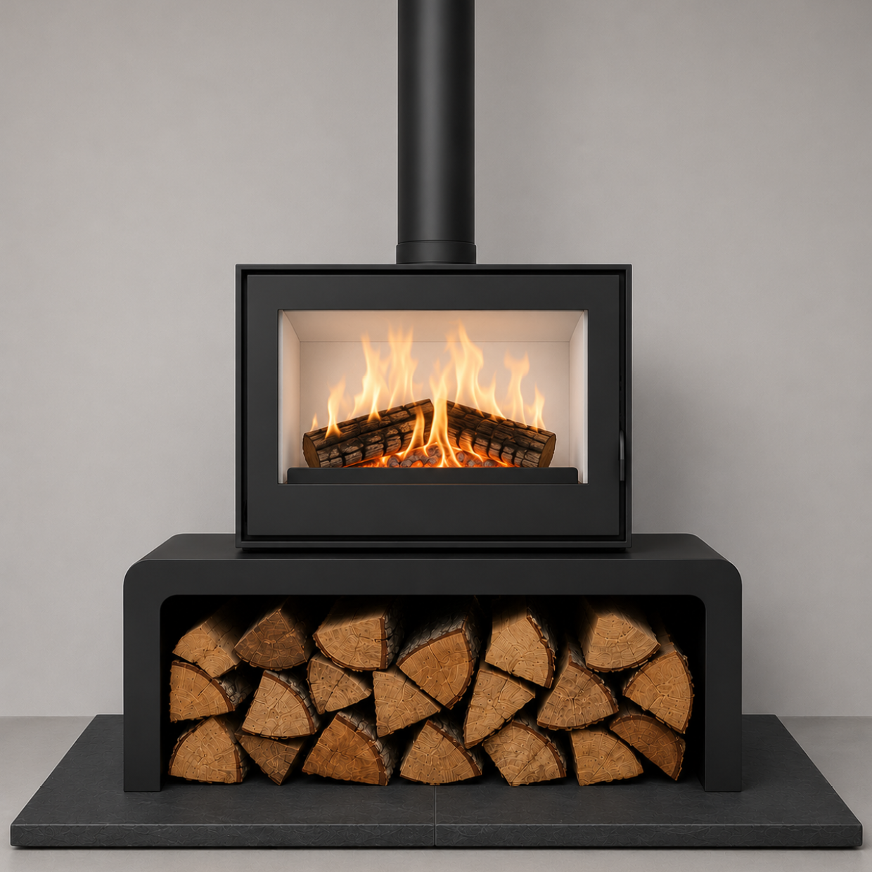 Mendip Dinder 60 Freestanding, Log store & Wall Hung Wood Burning Stove, living room setting