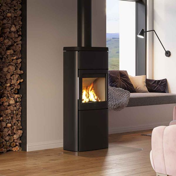 HWAM 4660 wood burning stove classic grey finish wide glass Danish design