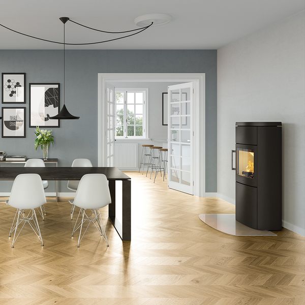 HWAM 4660 wood burning stove classic grey finish wide glass Danish design