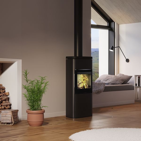 HWAM 4660 wood burning stove modern black finish wide glass Scandinavian design