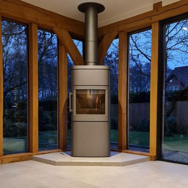 HWAM 4660 wood burning stove modern grey finish wide glass Scandinavian design